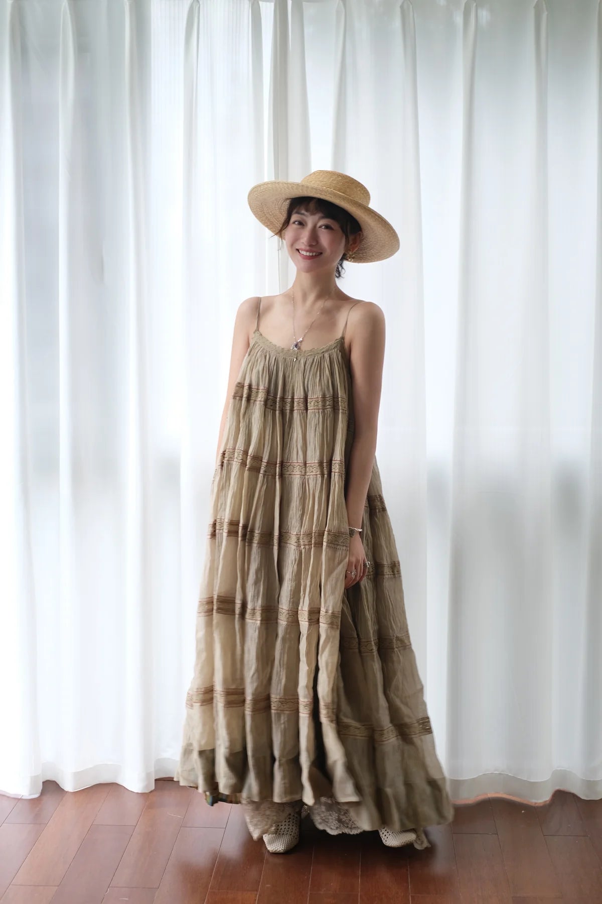 Luxury Handcrafted Boho Maxi Dress for Women – Tiered Cotton Summer Dress with Spaghetti Straps