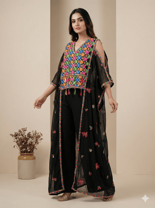 Hand Embroidered Jumpsuit with Sheer Cape | Boho Festival Outfit