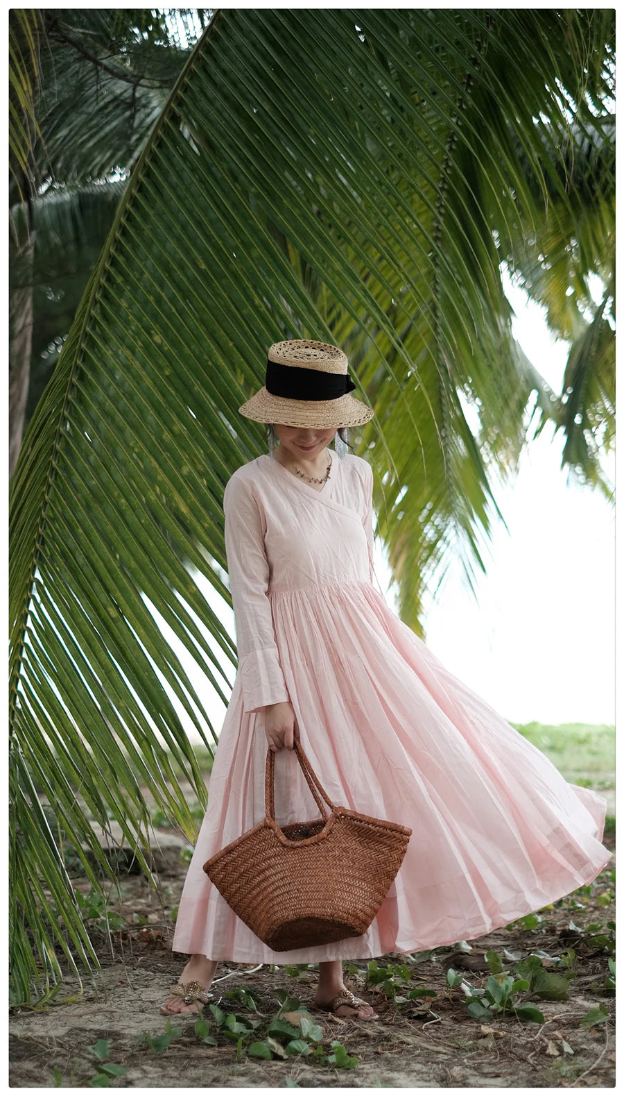 Blush Pink Cotton Maxi Dress for Women | Summer Wrap Style Long Dress with Full Sleeves