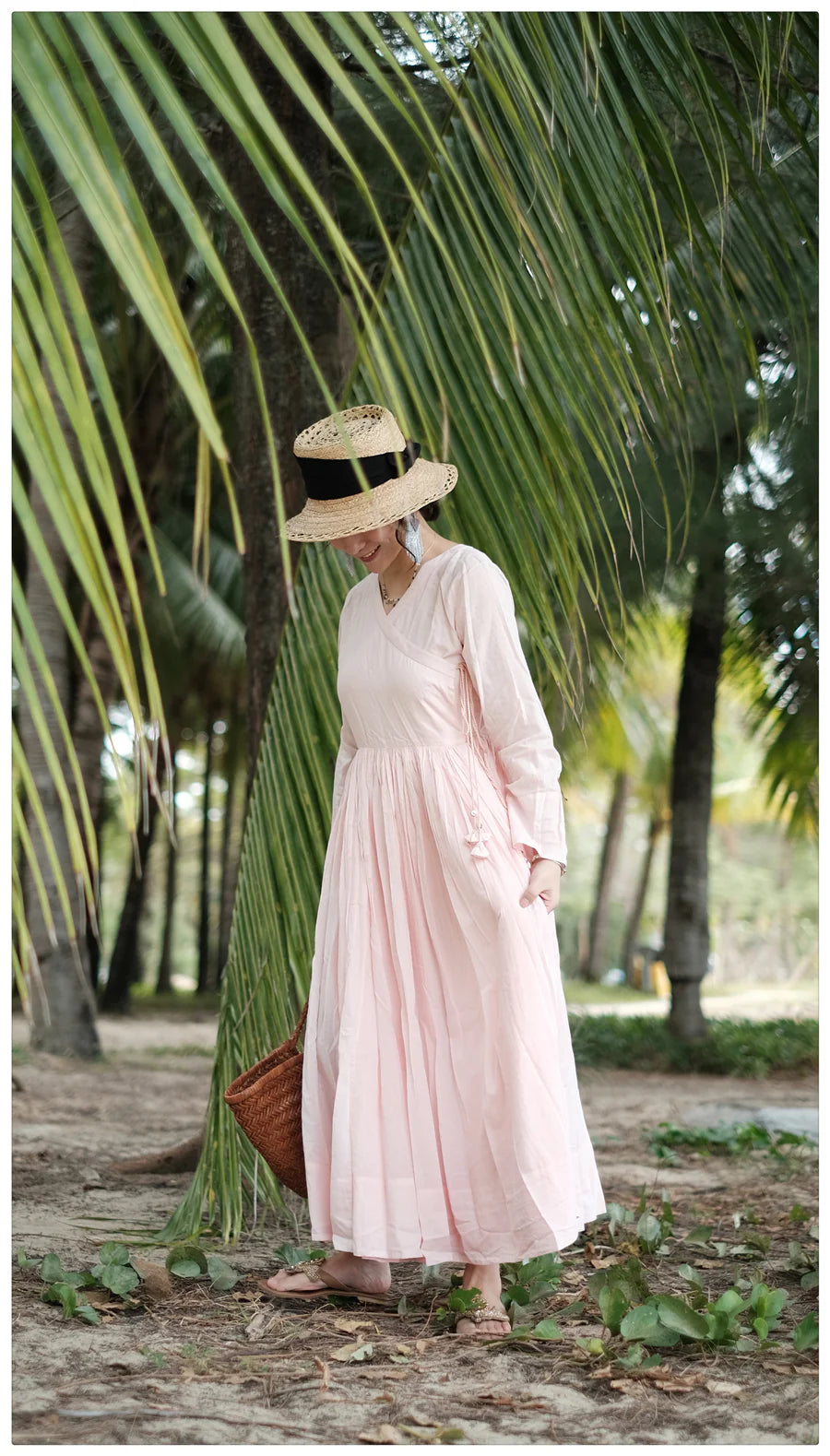 Blush Pink Cotton Maxi Dress for Women | Summer Wrap Style Long Dress with Full Sleeves