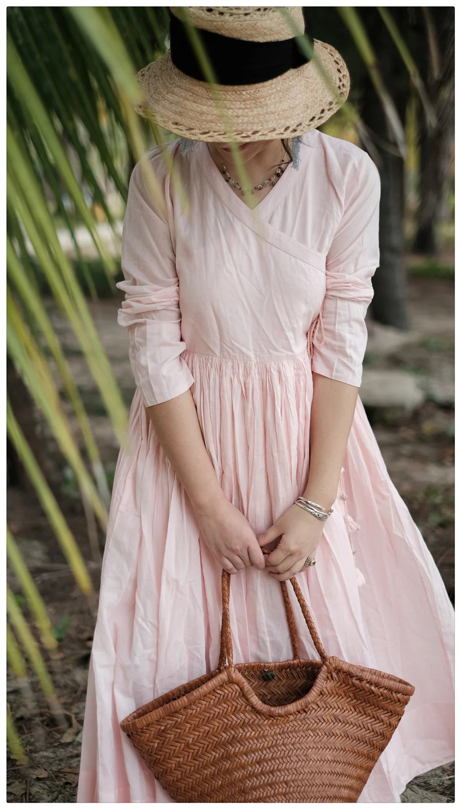 Blush Pink Cotton Maxi Dress for Women | Summer Wrap Style Long Dress with Full Sleeves
