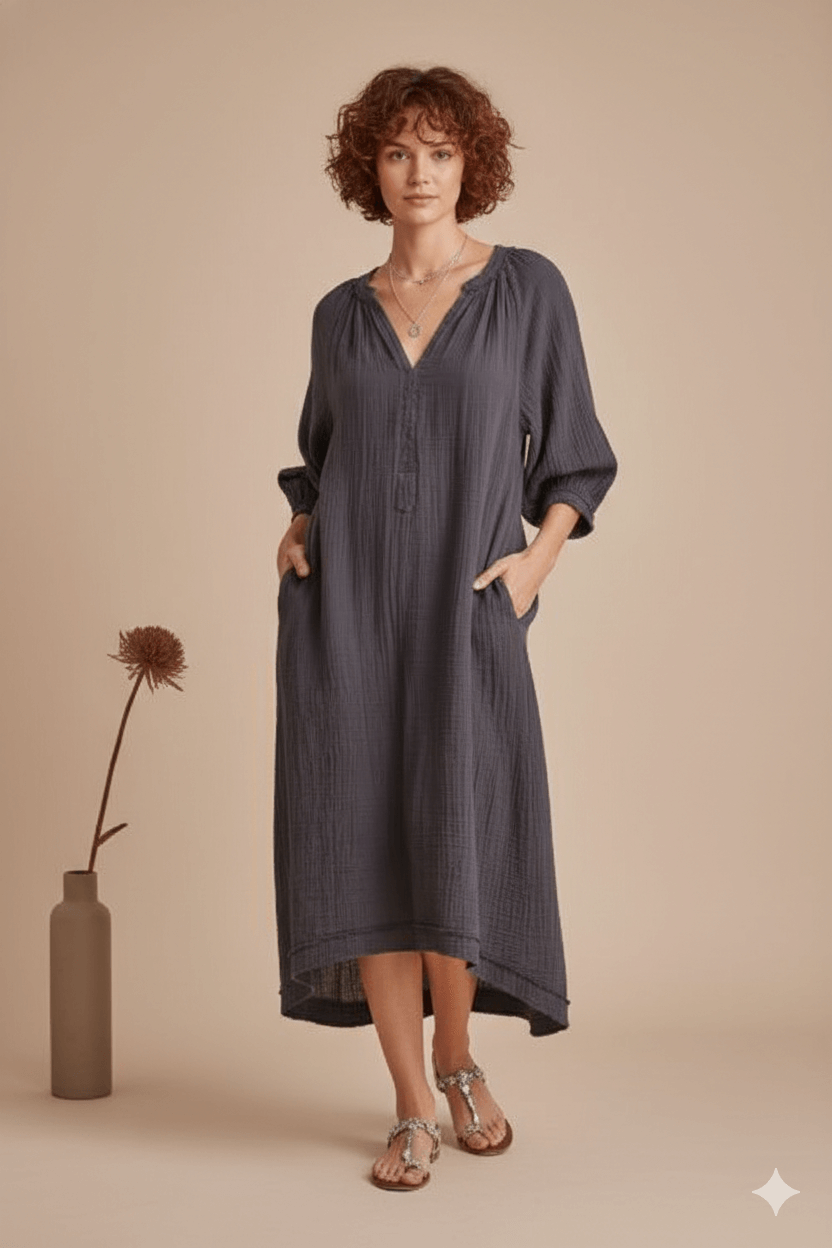 Terracotta Boho Midi Dress – Relaxed Fit Cotton Dress with V-Neck & 3/4 Sleeves