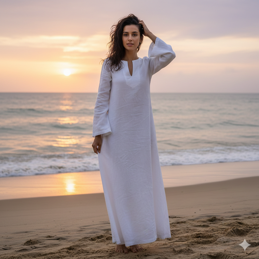 White Linen Maxi Dress - Long Sleeve Beach Resort Kaftan
