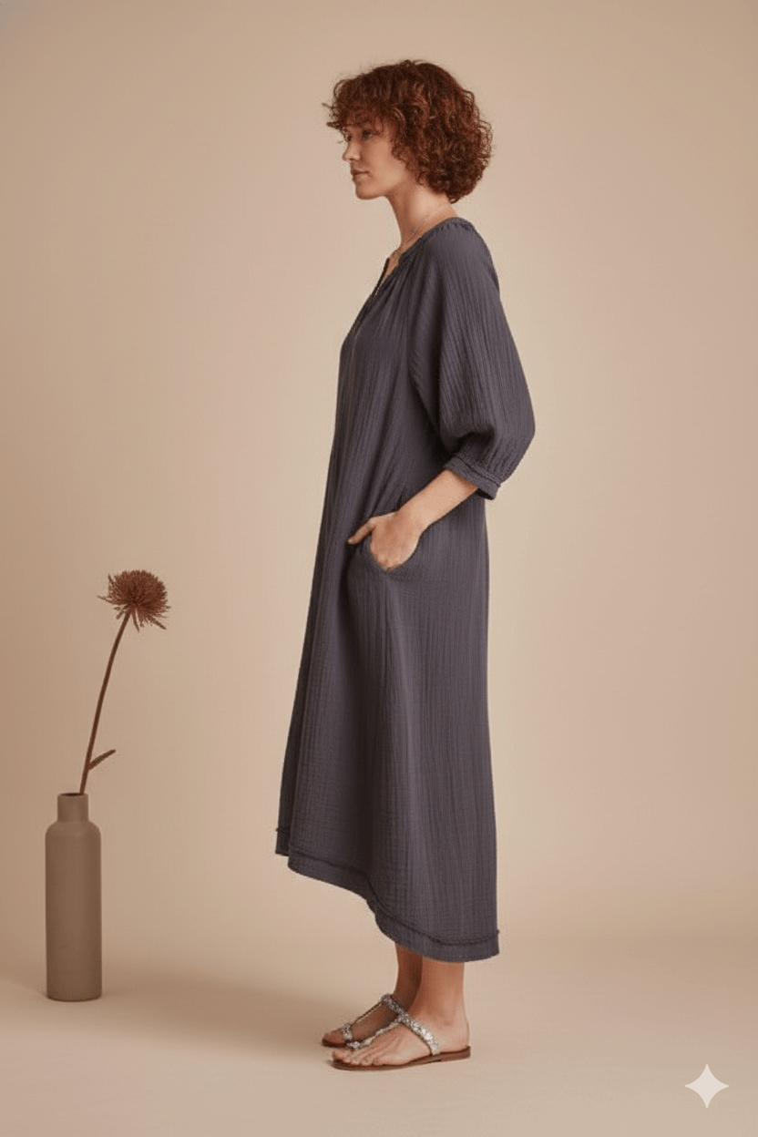 Terracotta Boho Midi Dress – Relaxed Fit Cotton Dress with V-Neck & 3/4 Sleeves