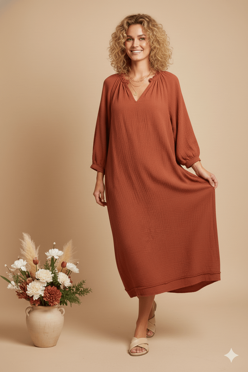 Terracotta Boho Midi Dress – Relaxed Fit Cotton Dress with V-Neck & 3/4 Sleeves