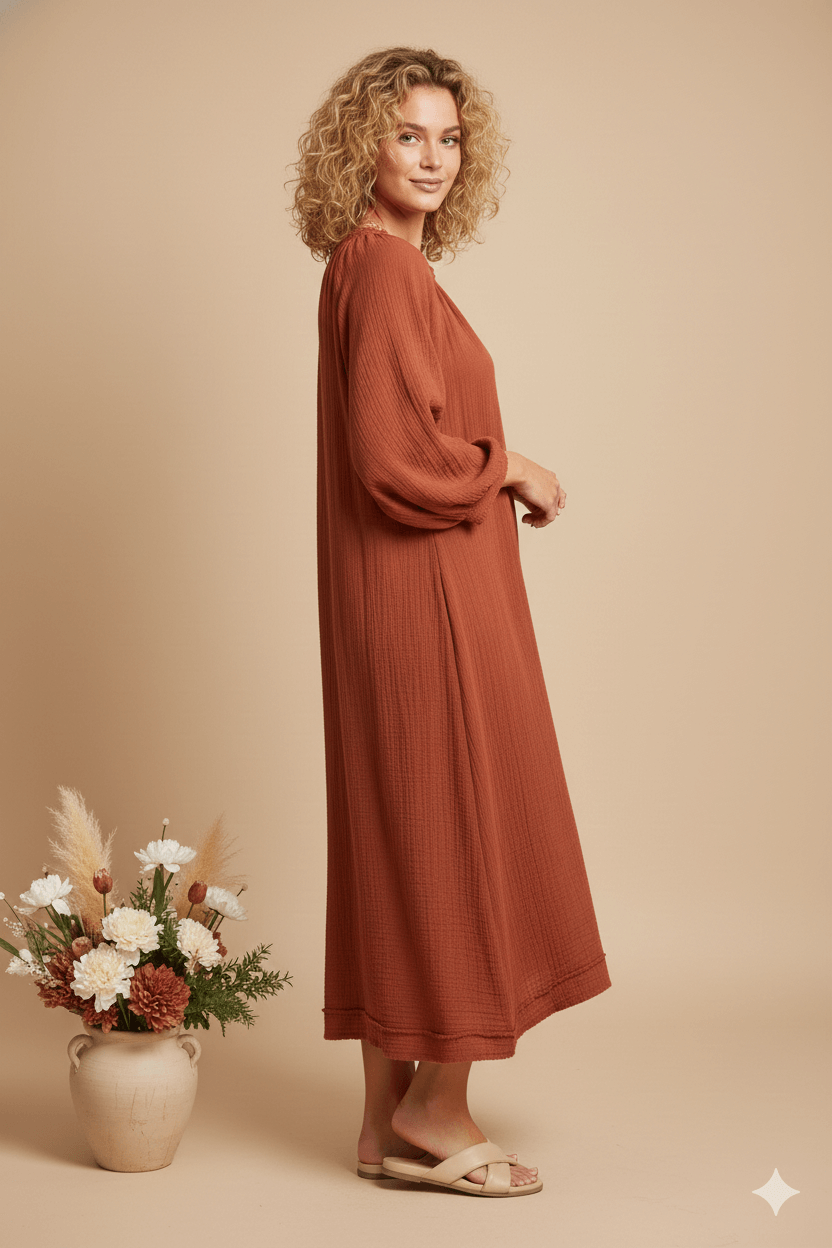 Terracotta Boho Midi Dress – Relaxed Fit Cotton Dress with V-Neck & 3/4 Sleeves
