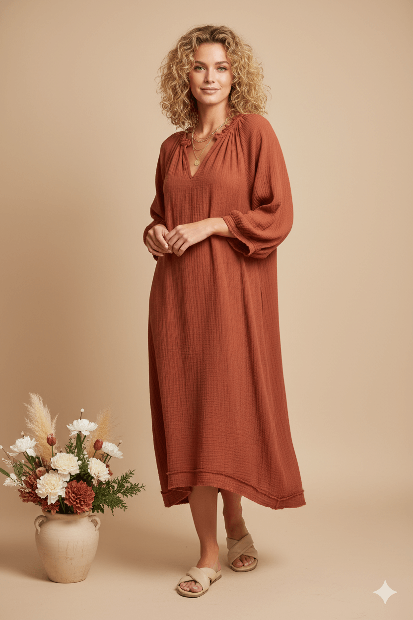Terracotta Boho Midi Dress – Relaxed Fit Cotton Dress with V-Neck & 3/4 Sleeves