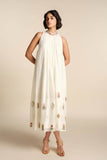 Ivory Floral Embroidered Halter Neck Midi Dress for Women