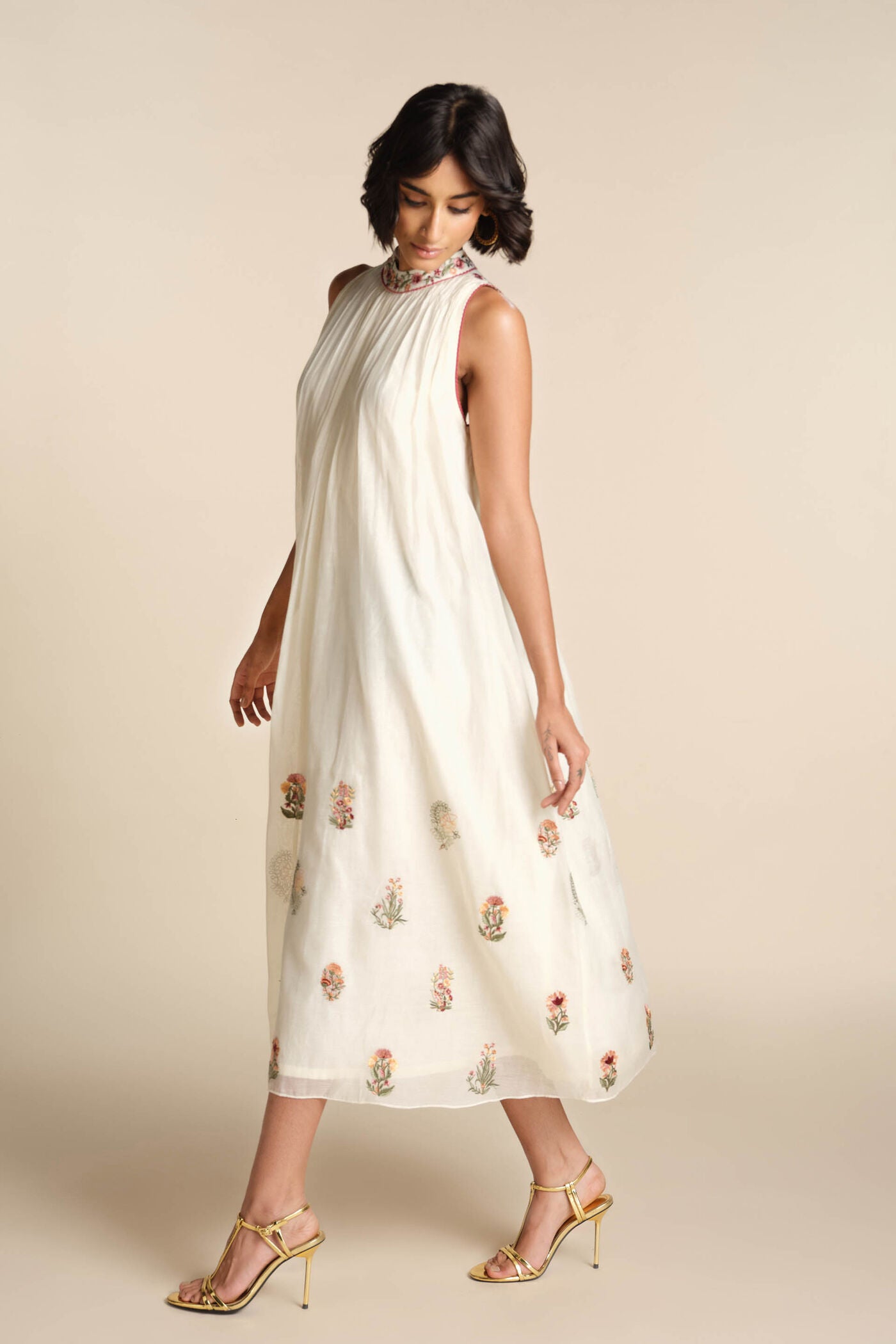 Ivory Floral Embroidered Halter Neck Midi Dress for Women
