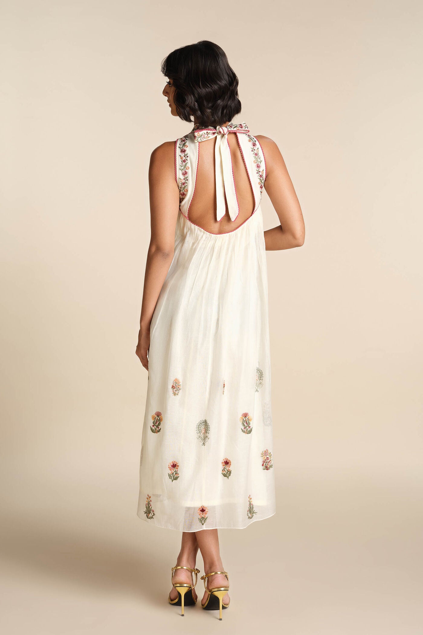 Ivory Floral Embroidered Halter Neck Midi Dress for Women