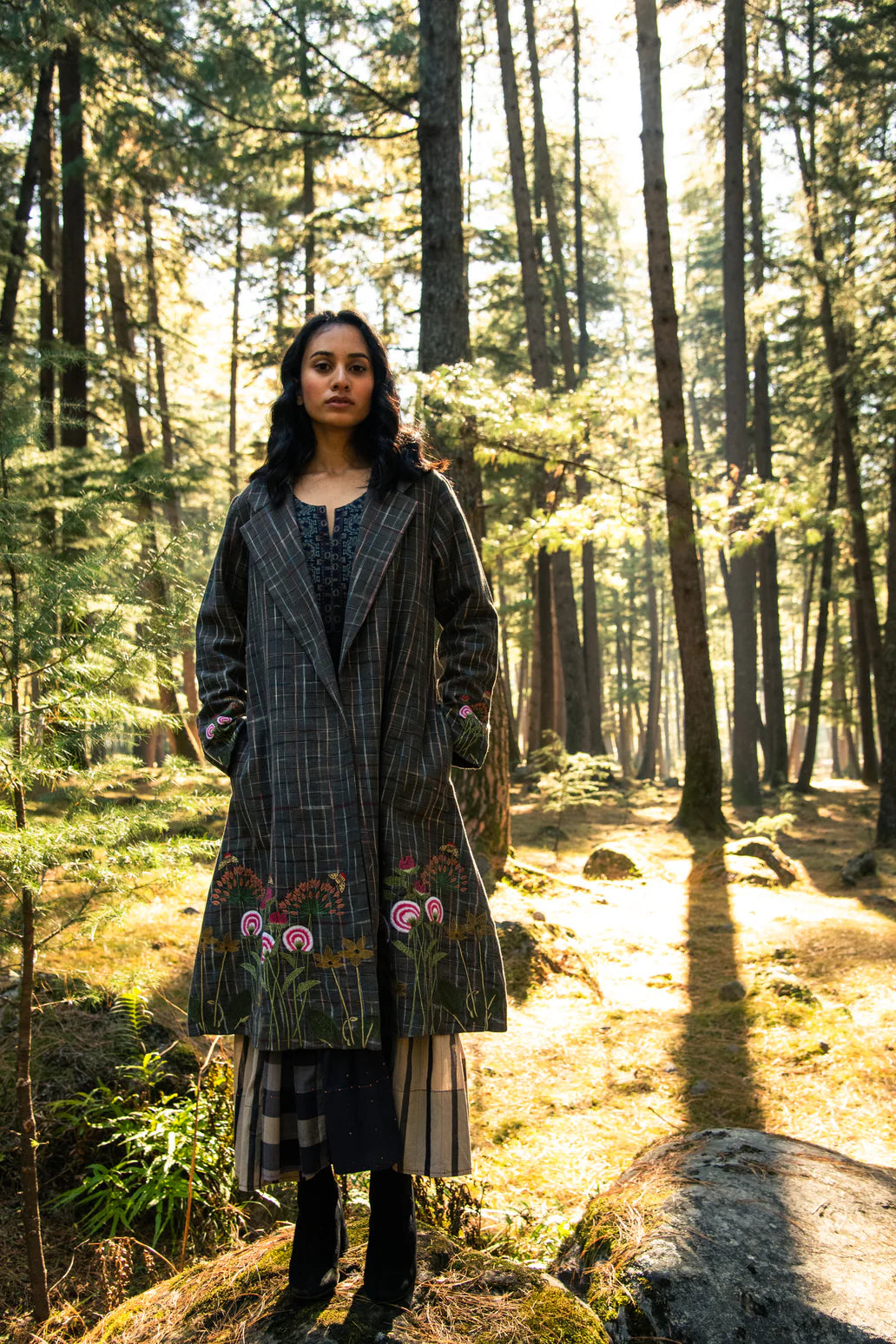 Embroidered Check Wool Long Coat for Women | Handmade Floral Winter Jacket