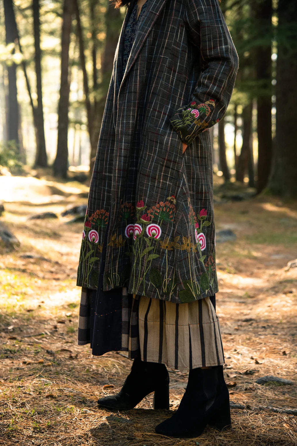 Embroidered Check Wool Long Coat for Women | Handmade Floral Winter Jacket