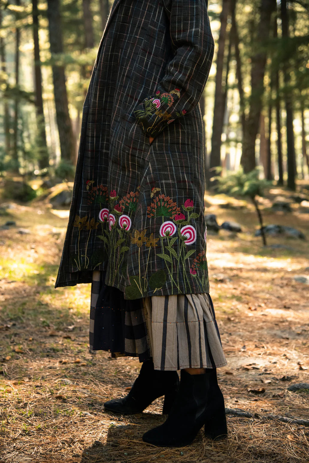 Embroidered Check Wool Long Coat for Women | Handmade Floral Winter Jacket