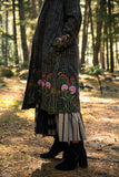 Embroidered Check Wool Long Coat for Women | Handmade Floral Winter Jacket