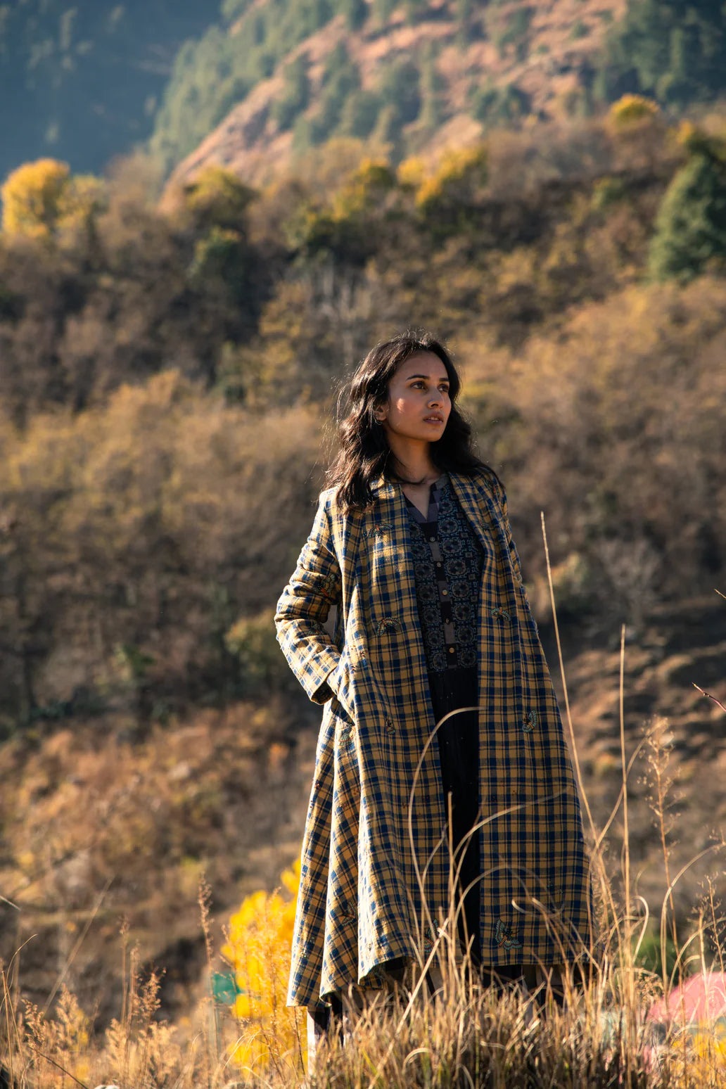 Luxury Handcrafted Plaid Wool Coat for Women – Embroidered Long Ethnic Jacket | PIKARU FASHION