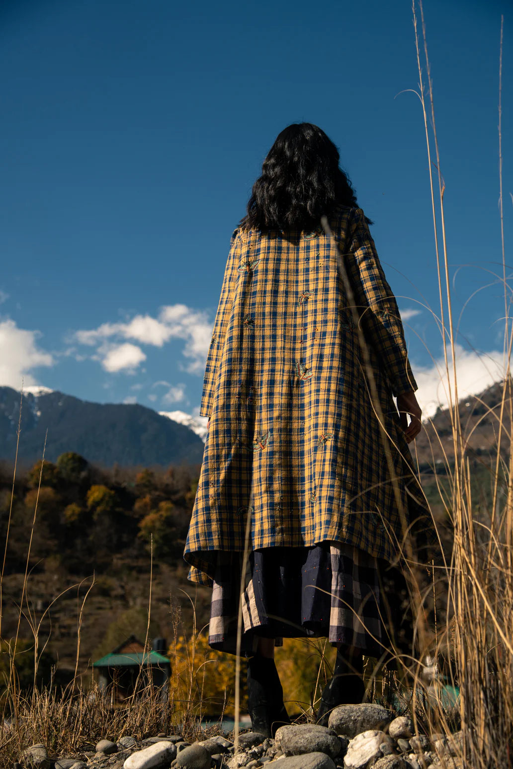 Luxury Handcrafted Plaid Wool Coat for Women – Embroidered Long Ethnic Jacket | PIKARU FASHION